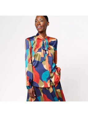 Studio Park Leah Williams Top XXXS Tie Neck Blouse Multi Color Artsy Bright